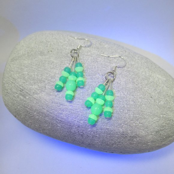 Triple dangle Uranium Glass bead earrings - Picture 3 of 11